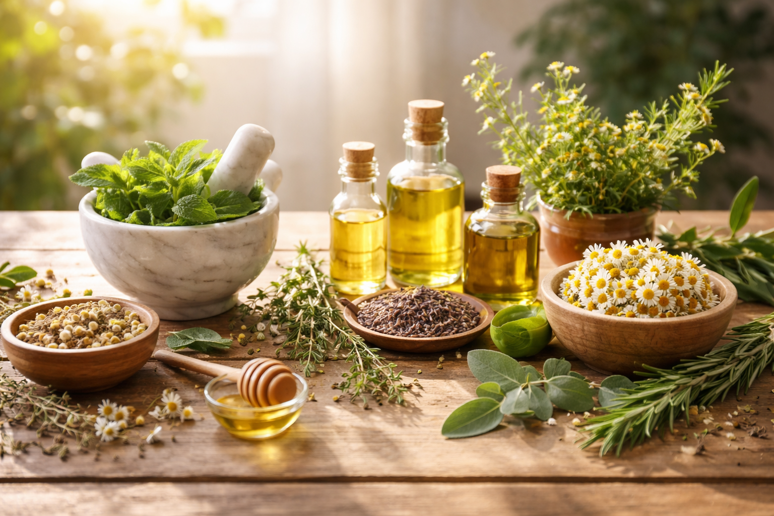 natural herbal ingredients arranged on wooden surface with soft morning light streaming through, botanical elements, wellness concept, clean composition
