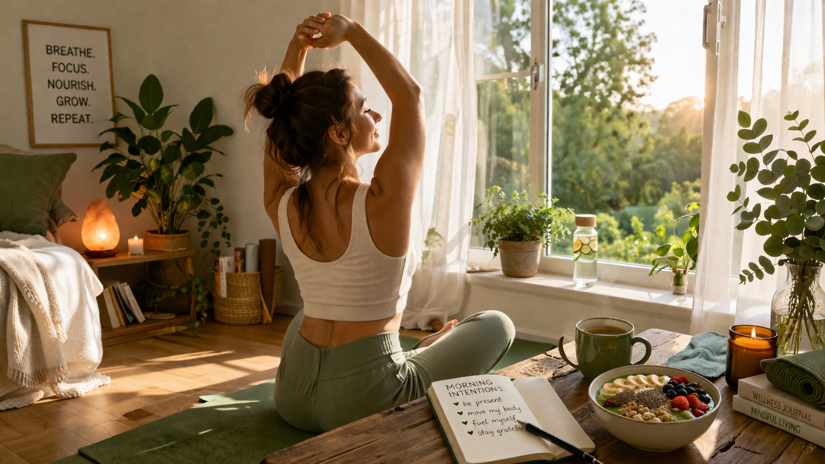 person practicing morning wellness routine with natural light, mindful lifestyle, balanced daily habits, calm and energetic atmosphere
